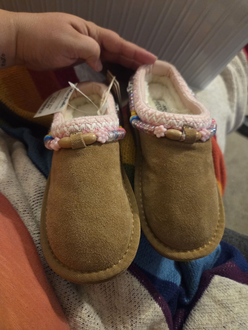 Greyson Tan Suede Kids Slippers with Pink Trim and Bead Accents